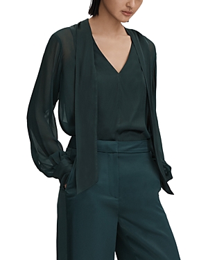 Reiss Green Semi Sheer Satin Tie Neck Blouse In Green