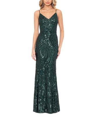 AQUA - V Neck Spaghetti Strap Sequin Gown - Exclusive