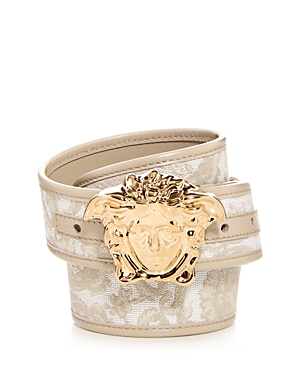 Versace Barocco La Medusa Leather Belt In Beige+beige