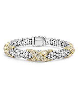LAGOS - 18K Yellow Gold & Sterling Silver Embrace Diamond Pav&eacute; X Station Caviar Bead Bracelet