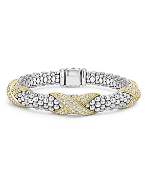 Lagos 18K Yellow Gold & Sterling Silver Embrace Diamond Pave X Station Caviar Bead Bracelet