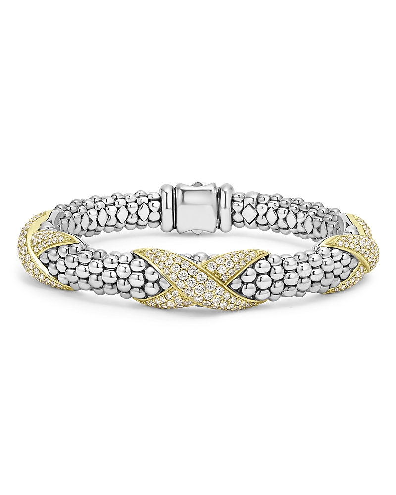 Lagos 18k Yellow Gold & Sterling Silver Embrace Diamond Pave X Station Caviar Bead Bracelet In Silver/gold