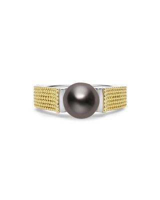 18K Yellow Gold & Sterling Silver Luna Black Tahitian Pearl Caviar Bead Ring