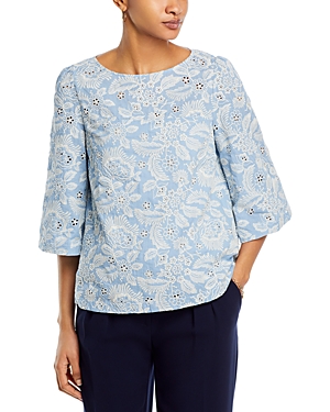 Shop T Tahari Cotton Floral Eyelet Boat Neck Top In Blue/ivory