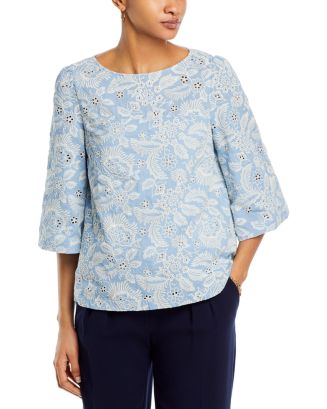 T Tahari Cotton Floral Eyelet Boat Neck Top Bloomingdale's