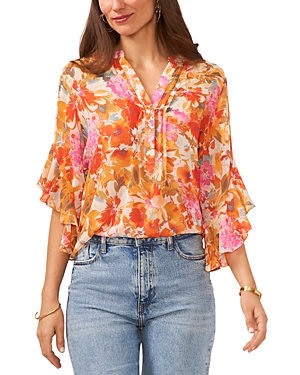 Shop Vince Camuto Floral Print Pleated Top In Tulip Red