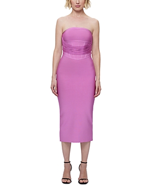 Shop Herve Leger The Isabella Strapless Draped Midi Dress In Guava