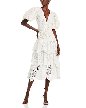 Shop Farm Rio Eyelet Puff Sleeve Midi Dress In Off-white