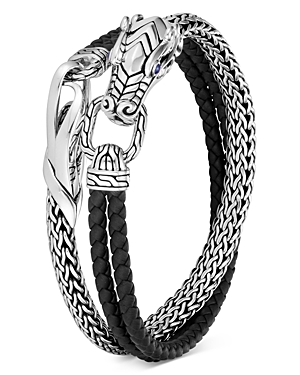 John Hardy Men's Sterling Silver Naga Blue Sapphire Dragon Leather Wrap Bracelet In Black/silver