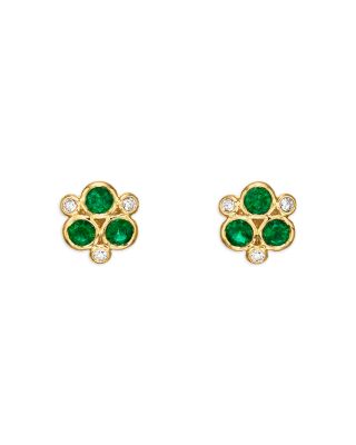 18K Yellow Gold Classic Emerald & Diamond Bezel Cluster Stud Earrings
