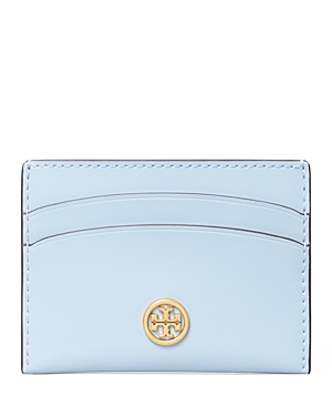 Tory Burch Robinson Spazzolato Leather Card Case In Pale Blue/gold