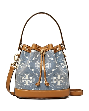 Tory Burch T Monogram Denim Mini Bucket Bag In Multi/gold