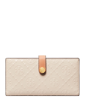 Shop Tory Burch T Monogram Patent Embossed Leather Slim Zip Wallet In Light Cream/gold