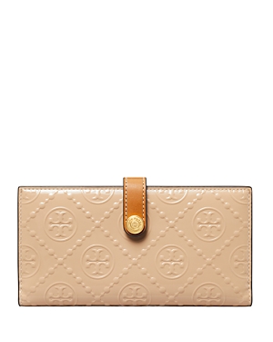Shop Tory Burch T Monogram Patent Embossed Leather Slim Zip Wallet In Light Peach/gold