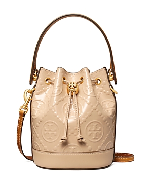 Tory Burch T Monogram Patent Embossed Leather Mini Bucket Bag In Light Peach/gold