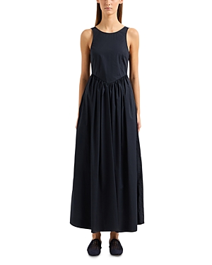 Shop Emporio Armani Sleeveless Gathered Cotton Maxi Dress In Solid Dark