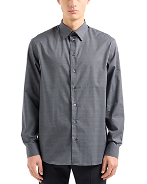 Emporio Armani Long Sleeve Printed Button Front Shirt In Solid Black