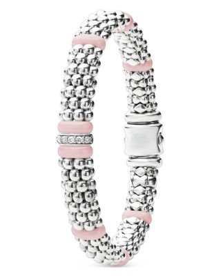 Sterling Silver Pink Caviar Diamond & Pink Ceramic Bead Link Bracelet