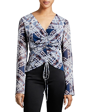 Santorelli Ravela Ruched Abstract-print Blouse In Cloud