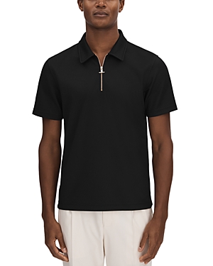 Shop Reiss Floyd Textured Slim Fit Quarter Zip Polo Shirt In Black