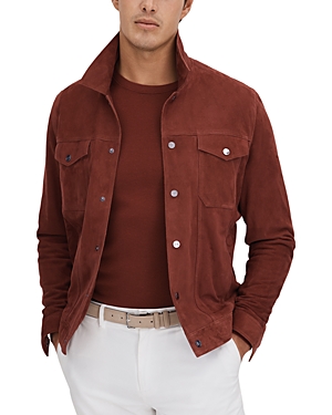 Shop Reiss Nico Long Sleeved Suede Press Stud Jacket In Rust