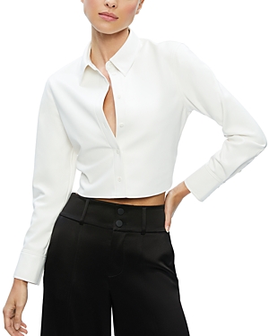 Shop Alice And Olivia Leon Faux Leather Cropped Shirt In Off White