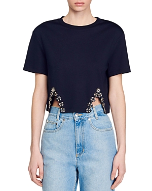 Sandro Giada Beaded Vent Cotton Blend Top In Deep Blue