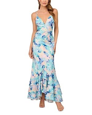 Shop Liv Foster Printed Satin Mermaid Gown In Blue Multi