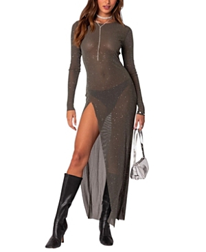 Edikted Glitter Side Slit Long Sleeve Mesh Maxi Dress In Olive
