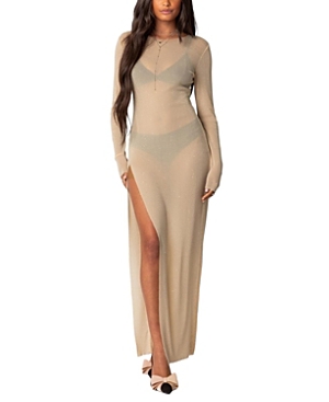 Edikted Glitter Long Sleeve Mesh Maxi Dress In Champagne