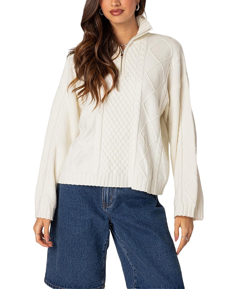 Edikted Oversize Cable Stitch Quarter Zip Pullover In Cream