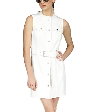 Shop Michael Kors Michael  Frayed Neck Denim Shirt Dress In Optic White