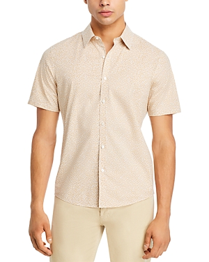 Shop Michael Kors Leaf Print Short Sleeve Stretch Slim Fit Shirt In Khaki