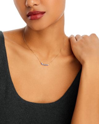 Blue Sapphire & Diamond Curved Bar Necklace in 14K Yellow Gold, 18"