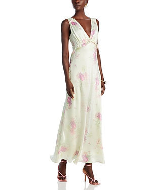 Shop Loveshackfancy Suniva Silk Floral Dress In Peachy Sage