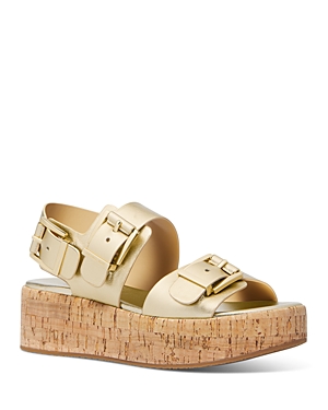 Shop Michael Kors Michael  Women's Colby Triple Buckle Black Flatform Sandals In Pale Gold