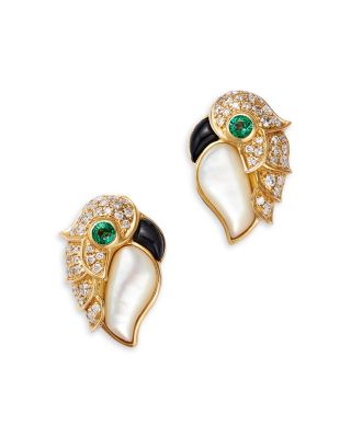 Bloomingdale's Fine Collection - Emerald, Mother of Pearl, Onyx, & Diamond Bird Stud Earrings in 14K Yellow Gold