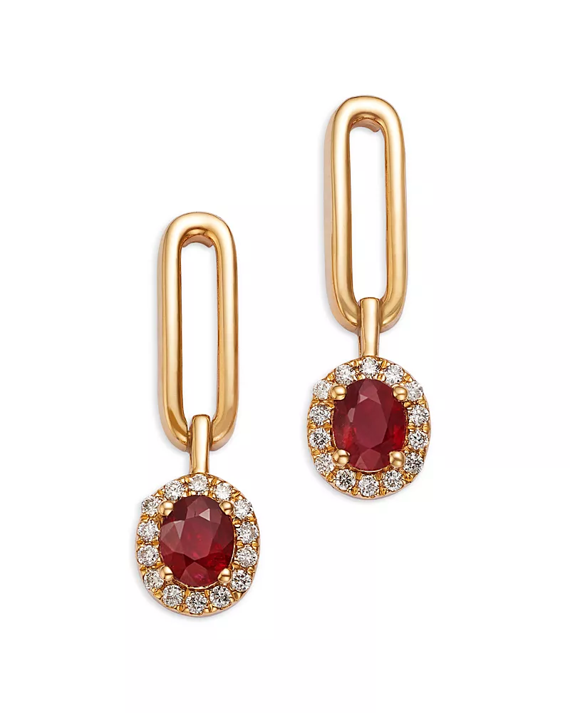 Bloomingdale's Fine Collection Ruby & Diamond Halo Drop Earrings in 14K Yellow Gold
