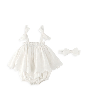 Shop Miniclasix Baby Girls' Cotton Embroidered Eyelet Bow Headband & Romper Set - Baby In Ivory
