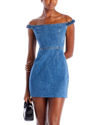 white christmas dresses Medium Wash Off Shoulder Puff Sleeve Denim Bodycon Dress