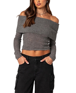Edikted Lili Foldover Off The Shoulder Crop Sweater In Gray Melange