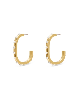 Shop Lele Sadoughi Imitation Pearl Track Hoop Earrings In 14k Gold Plated In White/gold