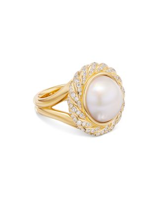 18K Yellow Gold Pearl South Sea White Pearl & Diamond Halo Ring