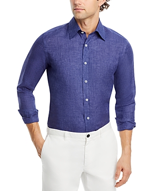 Shop Canali Navy Linen Sport Shirt In Blue