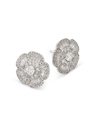 Diamond Round & Baguette Flower Stud Earrings in 14K White Gold, 1.0 tcw