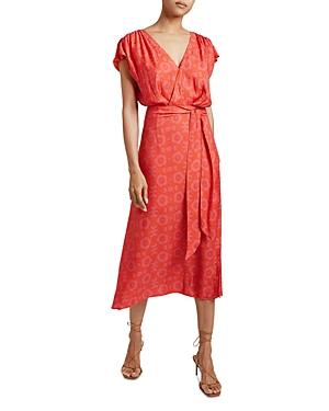 Santorelli Fara Geometric-print Faux-wrap Midi Dress In Vermilion