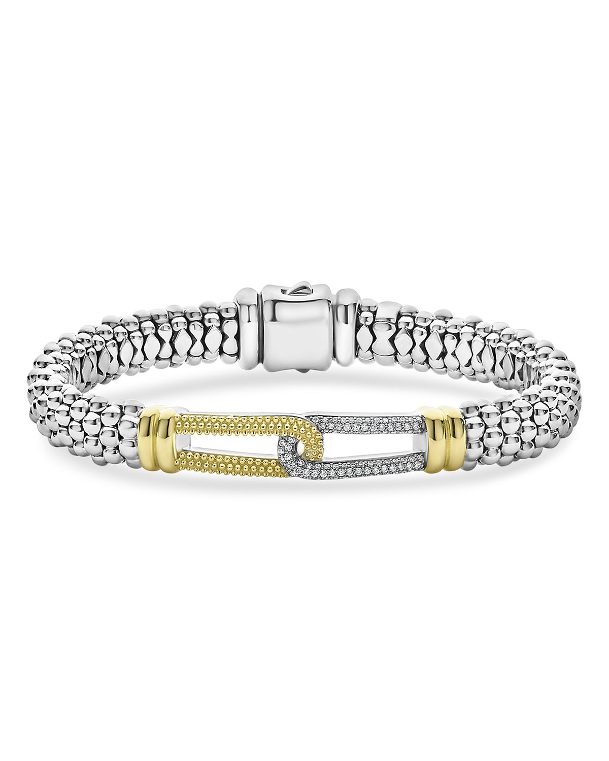 Lagos 18K Yellow Gold & Sterling Silver Caviar Lux Diamond Interlocking Loop Caviar Bead Clip Bracelet - Exclusive