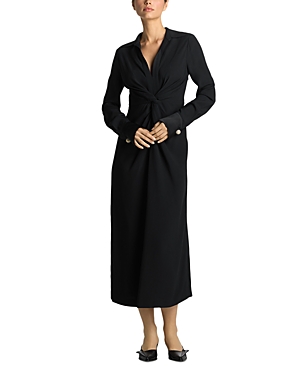 St John Knot-waist Long-sleeve Satin Crepe Midi Shirtdress In Black