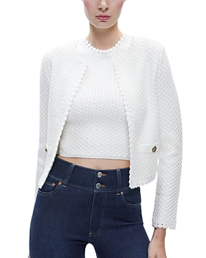 Shop Alice And Olivia Noella Scalloped Knit Jacket In Soft White
