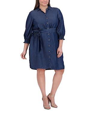 Shop Foxcroft Plus Abby Chambray Shirtdress In Navy